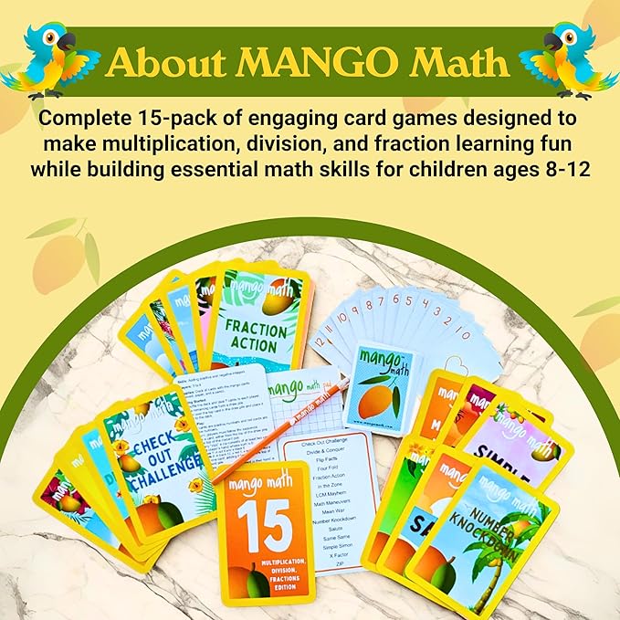 MANGO Math 15 Pack - Math Flash Cards - Educational Math Games for Kids - Multiplication, Division, Fractions Games & Learning Kit -2nd 3rd 4th Grades - Kids 6-12 - Set of 15 Games - English Version