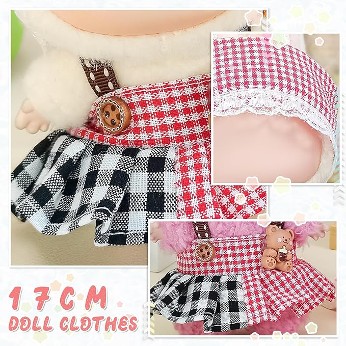 17cm Doll Clothes Set, Compatible with Labubu, Floral Dress with Lace Trim, Headband & Bear Charm Accessory (NO Doll) (Red Gingham)