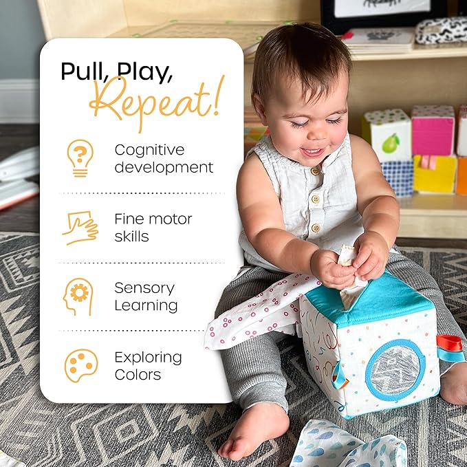 Quiggly Soft Fabric Tissue Box Toy for Babies- Montessori Sensory Development Toy for 6-12 Month Olds - 100% Cotton, Crinkle Tissues, Ribbon Details, Safety Mirror- Ideal for Infant Gross Motor Skills