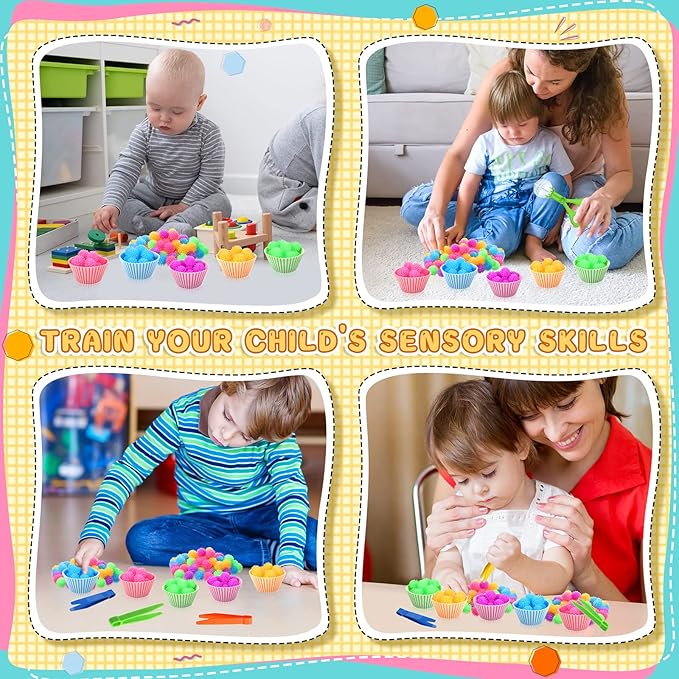 91 Pcs Fine Motor Skill Toys Include 75 Spiky Hedge Balls, 2 Scissors Clips, 4 Plastic Tweezers, 10 Assorted Colors Sorting Silicone Cups for Early Education Counting Skill Training