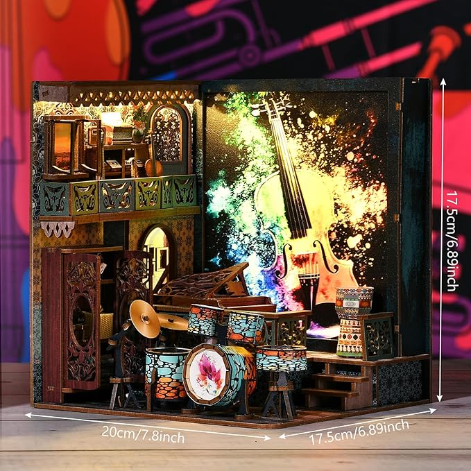 DIY Book Nook Kit, Miniature Bookshelf Decor with LED Lights, Laser-Cut Wooden Craft Set for Adults, Creative Gift for Christmas, Birthday, Music House
