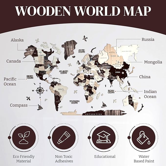 KPSKE 3D Wooden World Map for Wall - Wall Accent Map with Ocean Names, Boats, Compass and More - Wood Travel Map with 50 Pins (Mocha)