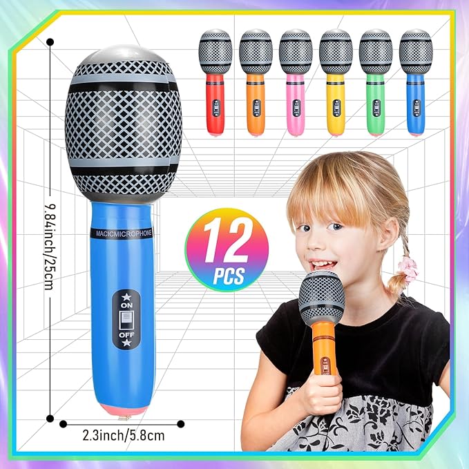 24 Pcs Colorful Inflatable Instruments Rock Star Toy Set Including 12 Pcs Plastic Microphones, 12 Inflatable Guitars and 1 Inflator for Musical Concert Themed Party Decoration