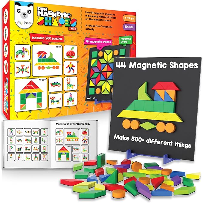 Magnetic Tangram Puzzle Educational Toy| 200 Patterns, 44 Big Magnet Tangram Pieces with Board, Pattern Book & Display Stand | STEM Learning Toys for Toddlers Ages 4 5 6+ Years|Gifts for Girls & Boys