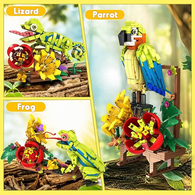 HOGOKIDS 3 in 1 Flowers Frog Parrot Lizard Building Set - Botanical & Animals Figures Building Toy for Home Office Art Decor Display Transforms Model Learning Gift for Adults Kids Boys Girls(672PCS)