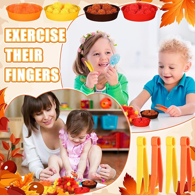 Leitee 71 Pcs Sensory Bin Filler Include 60 Hedge Balls 4 Tweezers 2 Scissors Clips 5 Cups Fine Motor Skills Toys Set for Boys Girls Early Education and Counting Sorting Training(Orange,Autumn)