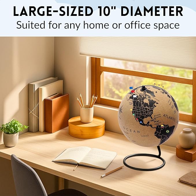 Large Cork Globe 12.6" Tall | World Travel Map with Metallic, Colored & National Flags Push Pins | 3D World Map Pin Board for Home or Office | Unique Gift for Travelers, Couples & Families