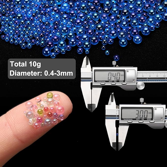Iridescent Glass Tiny Bubble Beads, 0.4-3mm 10g No Hole Micro Mini Round Sapphire Blue Water Droplets Beads - Applications: for Resin Filler, Nail Art, Dollhouse Bath Tub