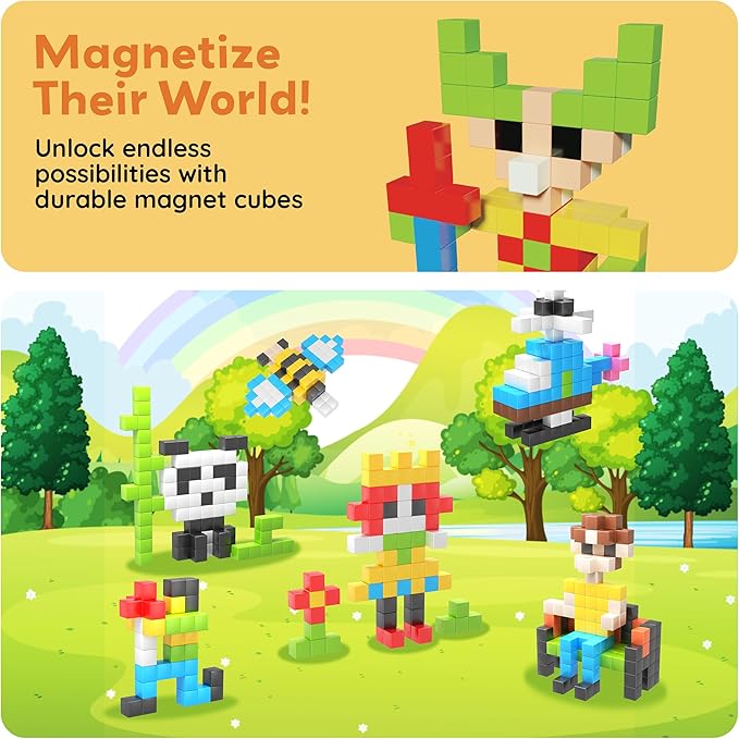 PicassoTiles 102pcs Pixel Magnetic Puzzle Cube 1” Pixel Mix & Match Toys with Ideabook STEM Education Learning Building Block Magnets Construction ToySet Stacking Creative Kit for Kids Age 3+ PMC102