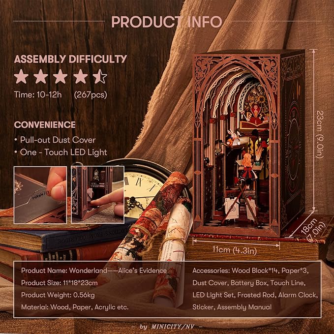DIY Book Nook Kit, 3D Wooden Puzzle for Teens and Adults, Miniature Dollhouse Booknook Bookend Bookshelf Insert Decor with LED Light (Alice's Evidence)