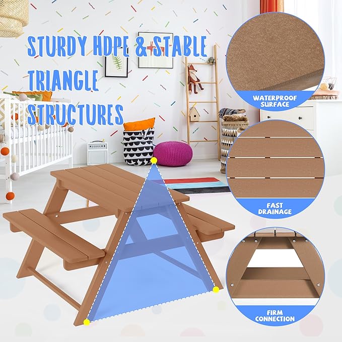 Costaelm Kids Picnic Table, HDPE All Weather Outdoor Toddler Picnic Table and Chair Set Kids Bench for Patio, Backyard, Garden, Lawn, Teak