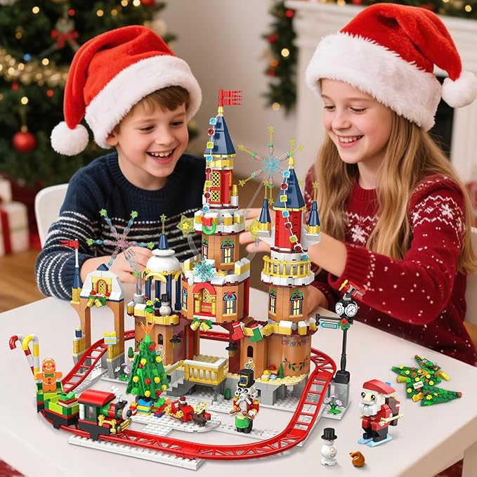 Christmas Castle Roller Coaster Building Set with Lights - 2025 Castle Village Rollercoaster Building Blocks House Xmas Tree Train Santa Claus Playset Gift for Adults Kids Boys Girls -1232PCS