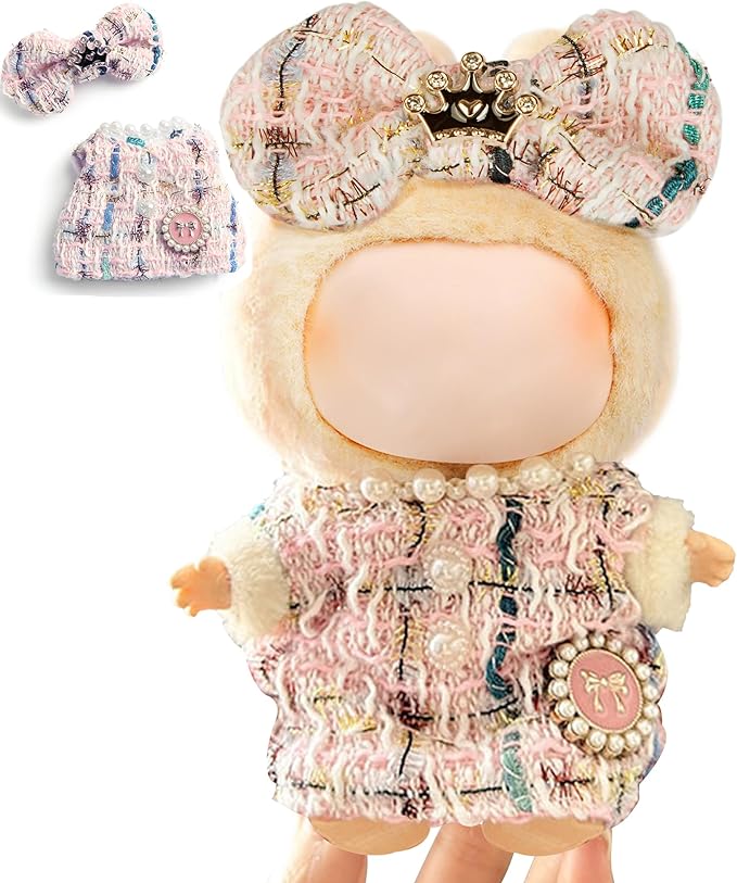 17cm Doll Clothes for Labubu - Luxury Chic Style Set for 17cm Dolls Outfit - Accessories for Dolls Clothes -Pink Plaid Tweed Dress + Pink Bow (No Doll)