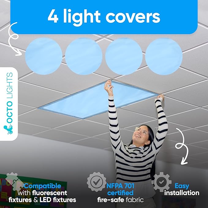 Fluorescent Blue Light Covers for Ceiling Lights - Magnetic Cover for Fluorescent Or LED Fixture - Must Haves for Teacher Supplies - Classroom, Home, Office Decor - Sensory Filters Overhead Lighting