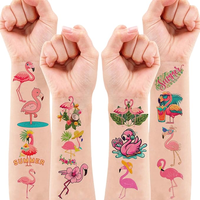 96 PCS Funny Flamingo Pre-Cut Temporary Sticker Summer Tropical Flower Hawaiian Luau Birthday Supplies Gifts Girls Boys Baby Showers Prizes Cute School Reward Themed (Normal)