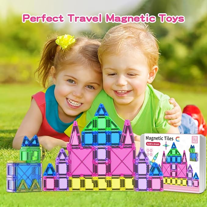 78PCS Magnetic Tiles Mini Travel Kids Set, Learning Sensory Toys，Preschool Classroom Magnetic Blocks Building Kids Toys & Games, for 3-8 Year Boys Girls Birthday Gift