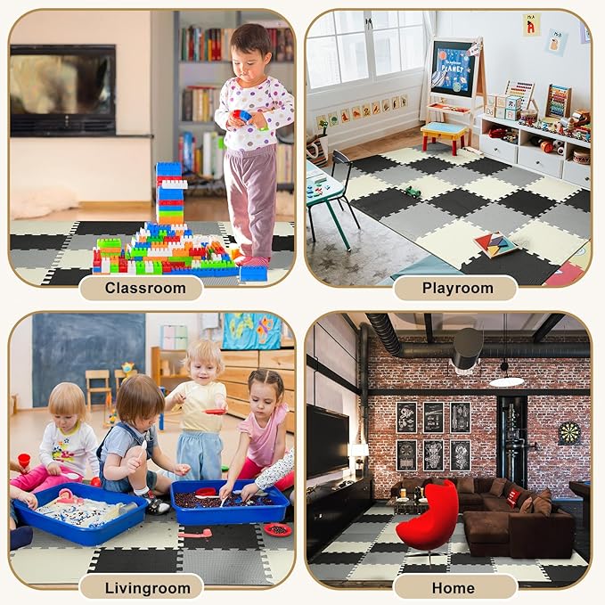 Nuanchu 60 Pcs Kids Foam Puzzle Floor Mat Bulk Solid Color Foam Play Mat with Borders Interlocking Multi Use Floor Rug for Baby Toddler Children Crawling Exercise Playroom 12 inch (Black, White, Gray)