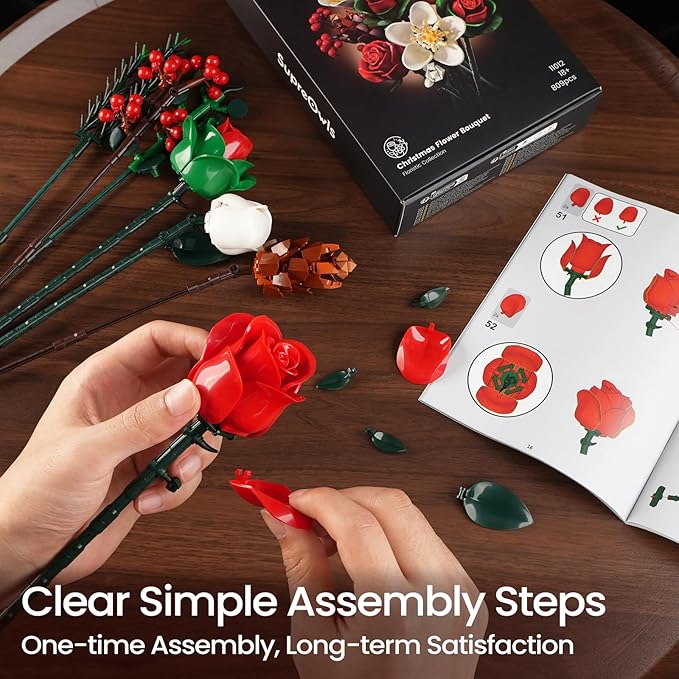 iATOM Christmas Rose Bouquet Building Set, Artificial Flowers Botanical Collection for Adults - Gift for Christmas & Valentines Day - Home Office Table Centerpiece Decor - 11012
