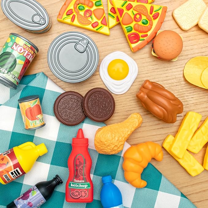 55 Pcs Grocery Store Pretend Play Food Set with Shopping Basket for Kids Toddlers 1-3 4-8, Kids Play Kitchen Accessories Plastic Fake Food Fruits and Vegetables Can Toy Gifts for Boys Girls