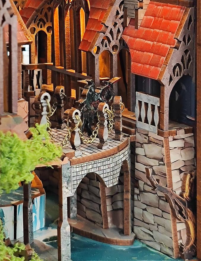 Book nooks DIY Dollhouse Kit for Adults 3D Stereo Assembly Night Light Sensing Wooden Bookend Jigsaw Building Model Gifts for Family,Friends (The Lord The Ring)