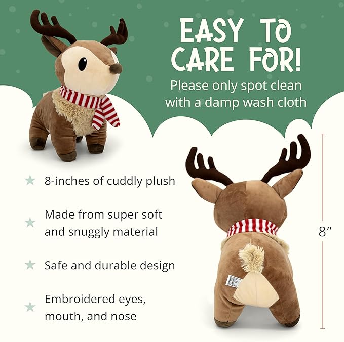 Plush Reindeer Stuffed Animal - Holiday Deer Characters with Antlers Toy for Girl, Boy, Baby, and Toddler - Little Plushie Toys - Ralphie, 8"