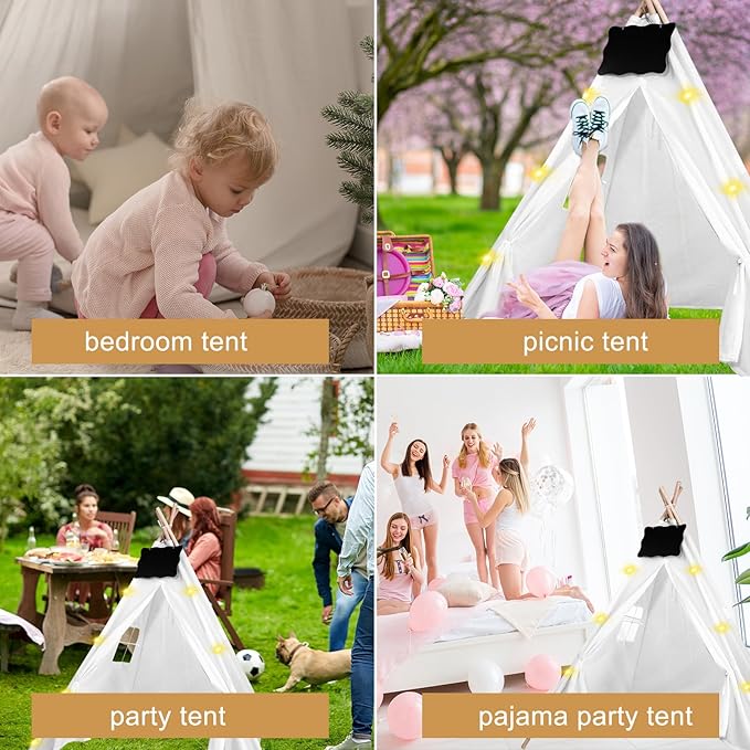 6pcs Teepee Tents Set with Markeable Small Blackboards and 10FT String Lights, Foldable Indoor Outdoor Play Teepee Tent for Girls & Boys, for Birthday Party Boho Sleepovers Party (White)