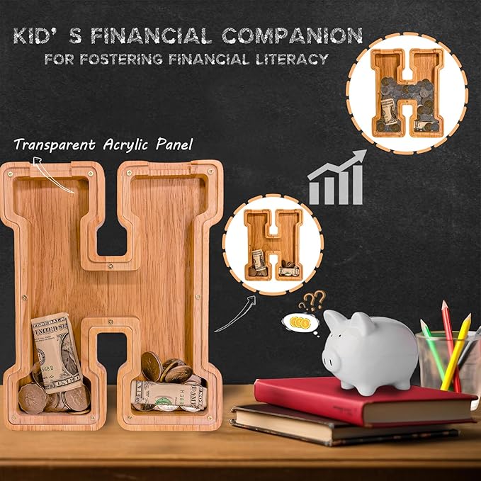 Wooden Letter Piggy Bank for Kids Larger Letter Piggy Bank for Boys and Girls Personalized Piggy Bank Initial Coin Bank Wood Kids Money Bank for Birthday and Festival
