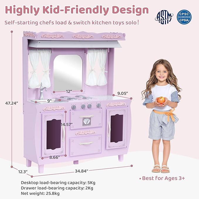 Kids Kitchen playset，Wooden Play Kitchen with Realistic Design，Kids Play Kitchen with Plenty of Play Features，Fine Gift for Ages 3+,Purple