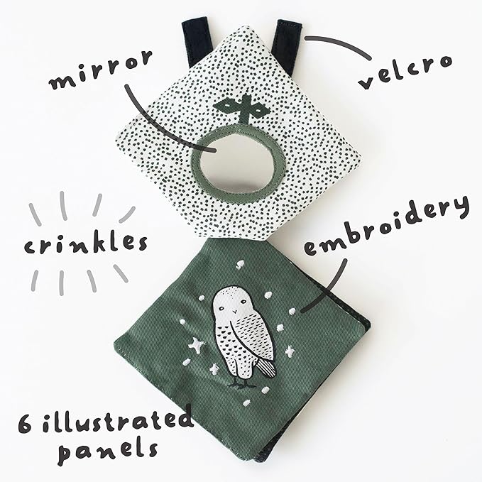 Wee Gallery Woodland Animals Crinkle Pages Stroller Toy, Sensory Hanging Crinkle Toy with Mirror for Babies, High Contrast Animal Art and Montessori Baby Item for Car Seat and Play Gym