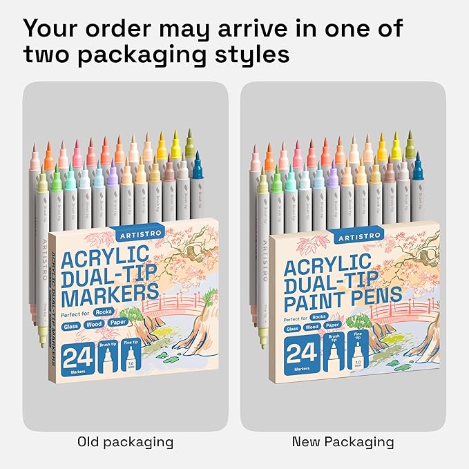 ARTISTRO 24 Pastel Dual Tip Brush + Fine Acrylic Paint Pens Ideal for Calligraphy - Paint Markers for Fabric, Rock, Glass, DIY - Stocking Stuffers, Christmas Gift Idea for Teens, Grandkids, Kids