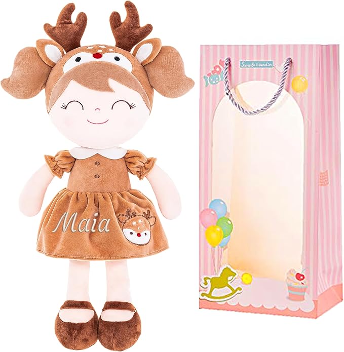 Gloveleya Personalized Doll with Embroidered Name - Brown Deer Custom Plush Doll for Girls Cute Plush Doll Customized Gift - Muñecas de Trapo Personalizadas para Niñas