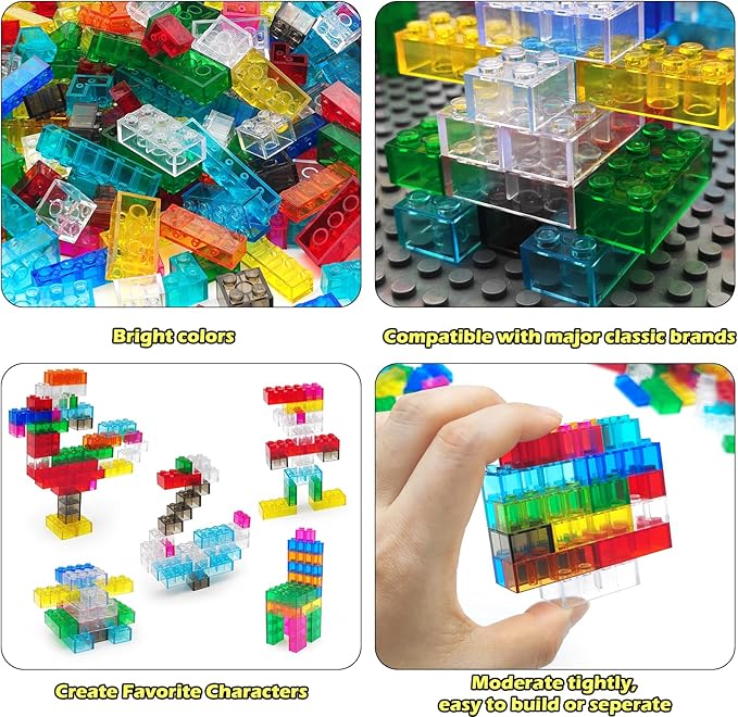 400 Pieces Translucent Building Bricks -9 Colors Crystal-Clear Classic Block Toy Fully Compatible with Major Brands Educational Construction Toy for Boys Girls 6 Years Old and Up