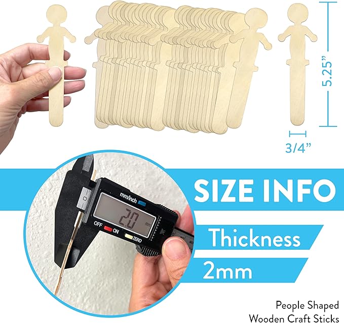 50 Pack People Shaped Wooden Craft Sticks, 5.25" Person Shape Wood Popsicle Sticks, Unisex Student Classroom Crafts DIY Sticks