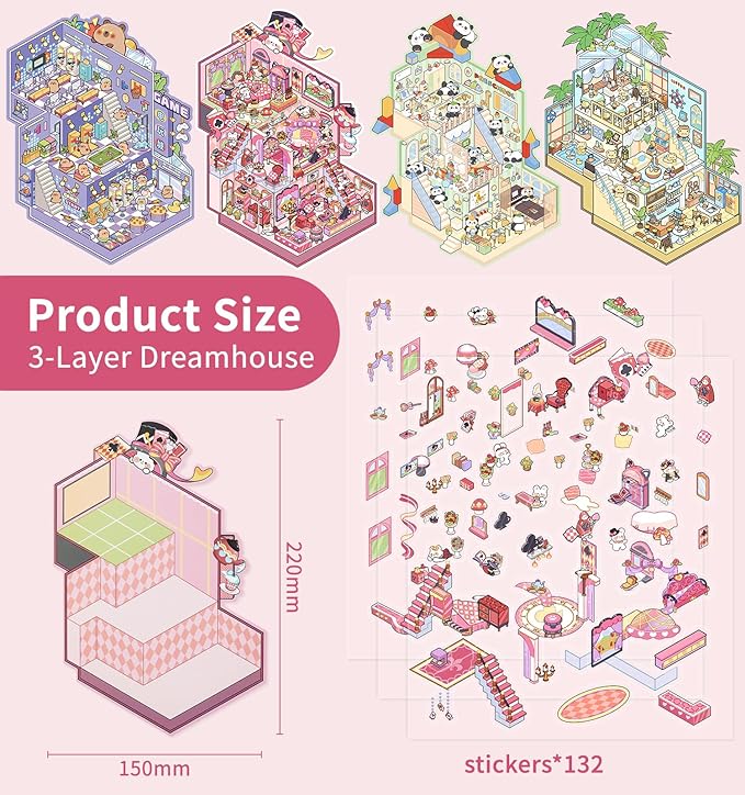 DIY 3D House Stickers, 4 Sets Fun DIY Stickers Scene Make Your Own Mini House Cute Cartoon Animal Scene Stickers for Kids Adult Sticker Art Relief Stress Pass The Time-Large Size