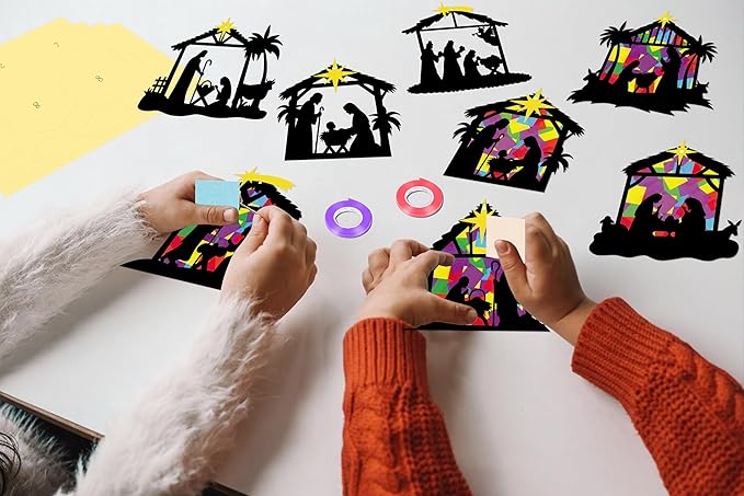 Renbuzhu 40PCS Christmas Crafts Bulk: Nativity Religious Paper Suncatchers DIY Kit for Winter Xmas Holiday Activities Decorations, Window Stained Glass Effect Art Ornaments