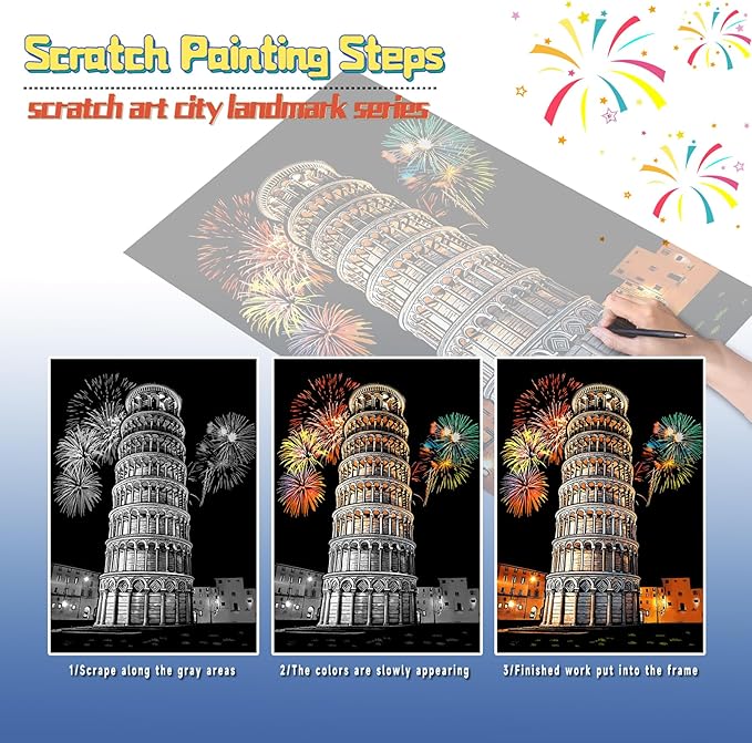 Scratch Art for Adults-Laser Scratch Painting Craft Kit (8 Sheets 16x11 in)|Foil Engraving Art Set|Stress Relief Gift for Travel Lovers,Craft Lovers|Creative Scratch Art Home Decor(Europe Series)