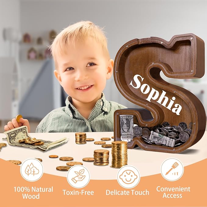 Wooden Letter Piggy Bank for Kids Larger Letter Piggy Bank for Boys and Girls Personalized Piggy Bank Initial Coin Bank Wood Kids Money Bank for Birthday and Festival