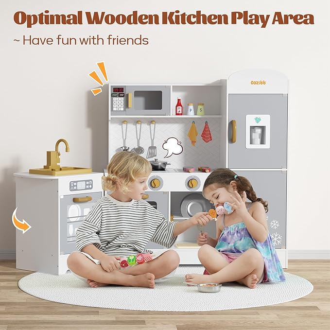 CoziBB Wooden Pretend Play Kitchen Set, Realistic Oven Faucet Microwave Ice Maker BBQ, with Lights & Sounds Features, 21 Accessories, Toys Kitchen for Kids Children Boys Grils, Gift for Ages 3+