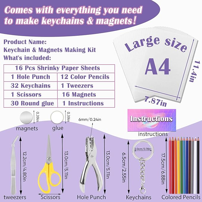 Vicentorra Shrinky Dink Sheets Keychain & Magnets Making Kit, Shrink Art Kit with 16 Plastic Sheets, Hole Punch, Pencils, Magnets, Tweezers, Keychains, Scissors, Paper Craft Kits