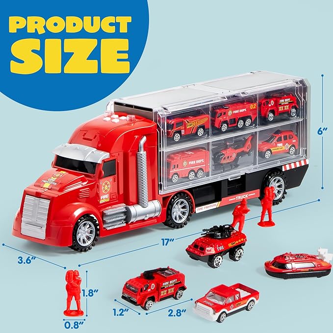 JOYIN 25 in 1 Fire Truck Vehicle Toy Set with Sounds and Lights, Fire Engine Vehicles in Carrier Truck, Mini Rescue Emergency Car Toy, Christmas Birthday Gifts for Over 3 Years Old Boys