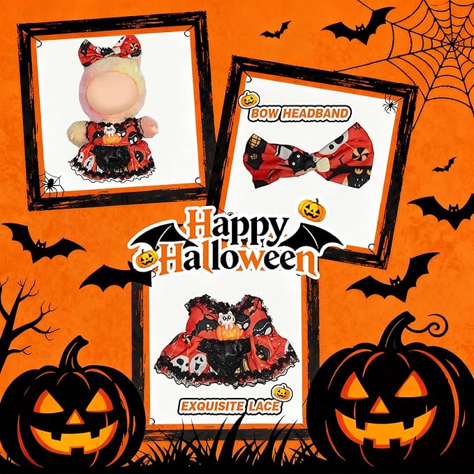 Halloween Doll Clothes for Labubu, Dolls Outfit Set for 17cm (6-6.7 inch) Dolls - Dress Up Set for Labubu Costumes & Accessories | Gift for Any Occasions | Doll Not Included (Halloween Bow)