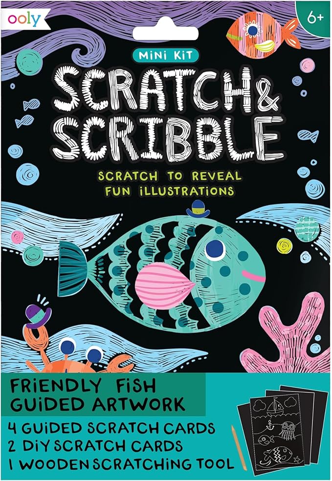 Ooly Mini Scratch & Scribble Art Kit - 6 Card Rainbow Scratch Art Set Gifts for Kids, Travel-Friendly Craft Kit, Scratching Tool Included - Friendly Fish