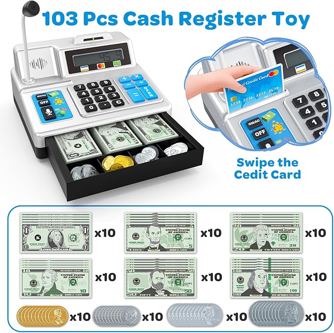 Calculator Cash Register Toy Gift for Kids Age 3, 4, 5, 6, 7, 8+ Year Old, 103 Pcs Pretend Grocery Store Playset with Toy Cash, Microphone, Credit Card, Play Cash Register for Toddlers 4-8, Silvery