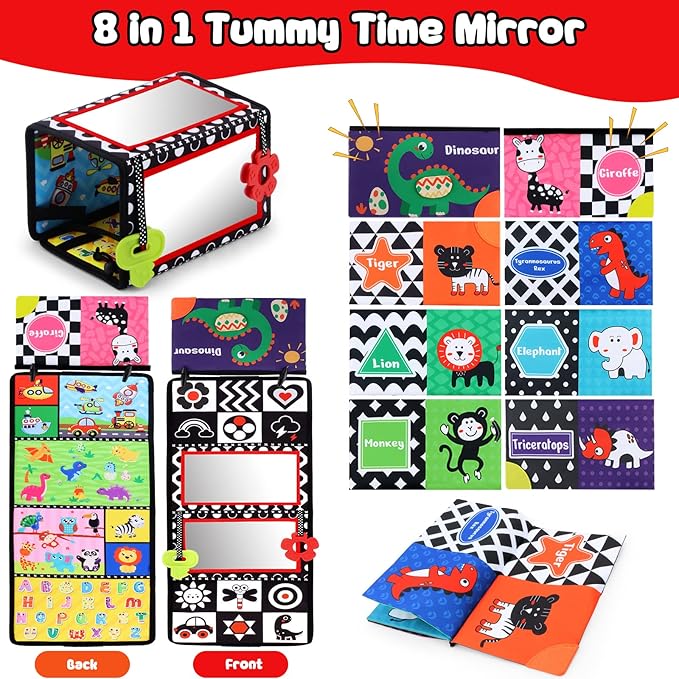 Tummy Time Floor Mirror with Crinkle Cloth Book and Teethers, Double-sided Baby Mirror Black and White High Contrast Baby Toys, Folding Crawling Activity Mat for Infants 3 6 12 Months (B-Mirror+Book)