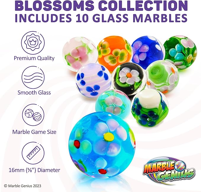 Marble Genius Collectors Marbles, Blossoms, 16mm (⅝ Inch), 10 Handmade Glass Marbles, Gifts for Marble Lovers, Gifts for Kids Ages 3+