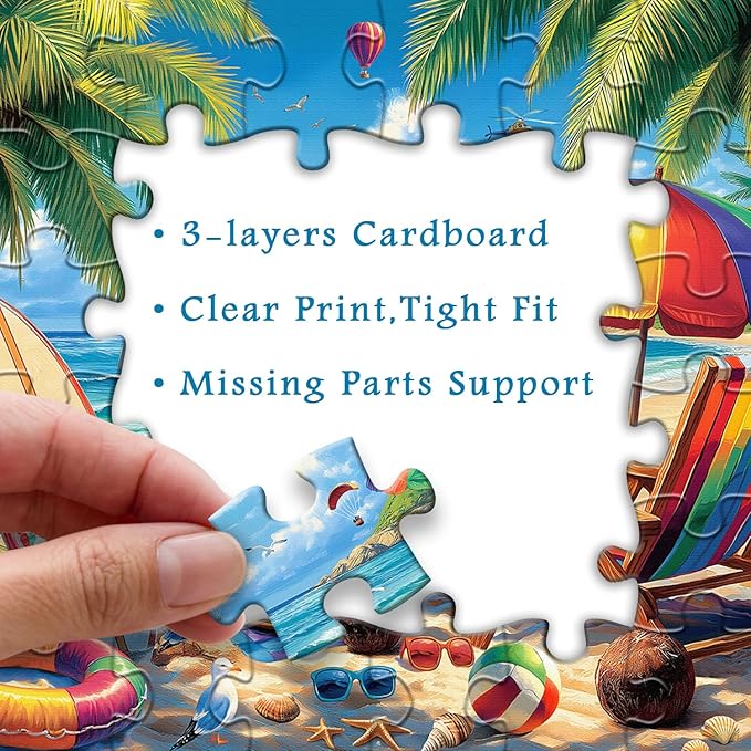Beach Puzzles for Adults 1000 Pieces, PICKFORU Vintage Summer Puzzle Lounge Chair Beach Vacation, Difficult Seaside Puzzles for Adults, Colorful Art Puzzle as Wall Decor