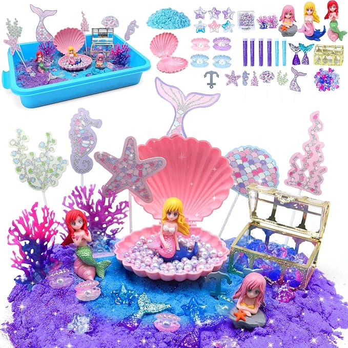 CORPER TOYS Ocean Mermaid Sand Art Kit for Kids with Magic Sand, Seashell & Treasure Accessories Sensory Bin Toys for Toddlers Girls Gift for Birthday Christmas