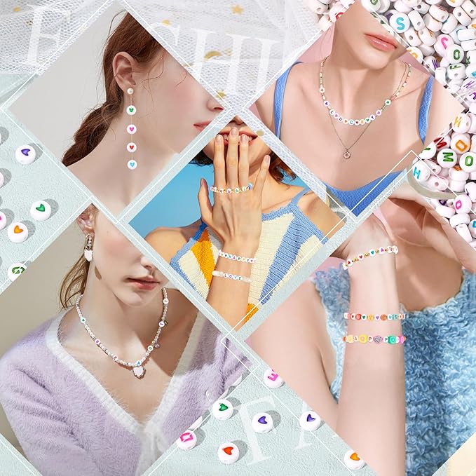 Letter Beads, DECYOOL Acrylic Alphabet Beads with 1 Roll Elastic String for Bracelet Necklace Jewelry Making Supplies (White Colorful)