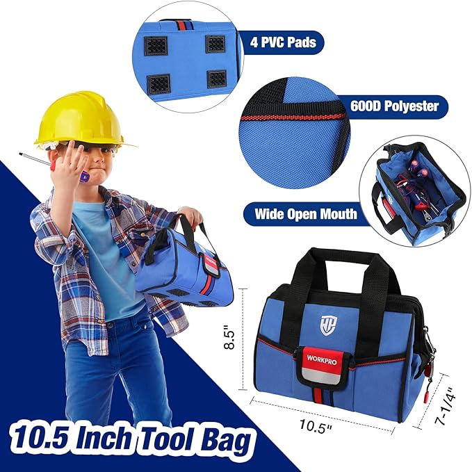 WORKPRO 9-Piece Kids Real Hand Tool Set, Blue Junior Tool Kit with Storage Bag for Boys, Girls, Children DIY Building and Woodworking, Age 8+