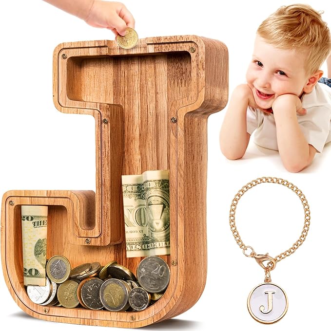 SummiDate Wooden Letter Piggy Bank| Piggy Bank for Boys Girls Toddler| Alphabet J Money Bank| Coin Bank Birthday Gift for Kids|Birthday Easter Gifts for Kids (J)